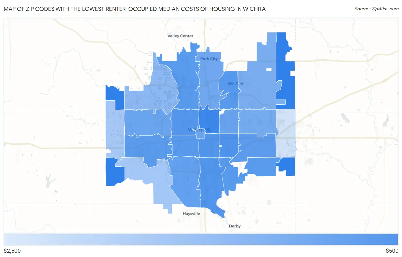 Zip Codes with the Lowest Renter-Occupied Median Costs of Housing in Wichita Map