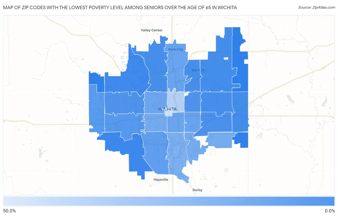 Zip Codes with the Lowest Poverty Level Among Seniors Over the Age of 65 in Wichita Map