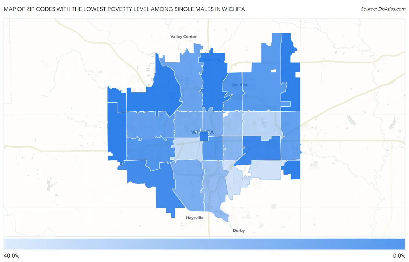 Zip Codes with the Lowest Poverty Level Among Single Males in Wichita Map