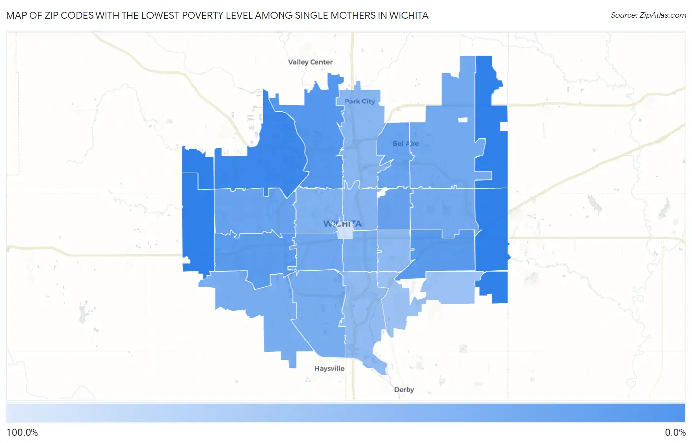 Zip Codes with the Lowest Poverty Level Among Single Mothers in Wichita Map