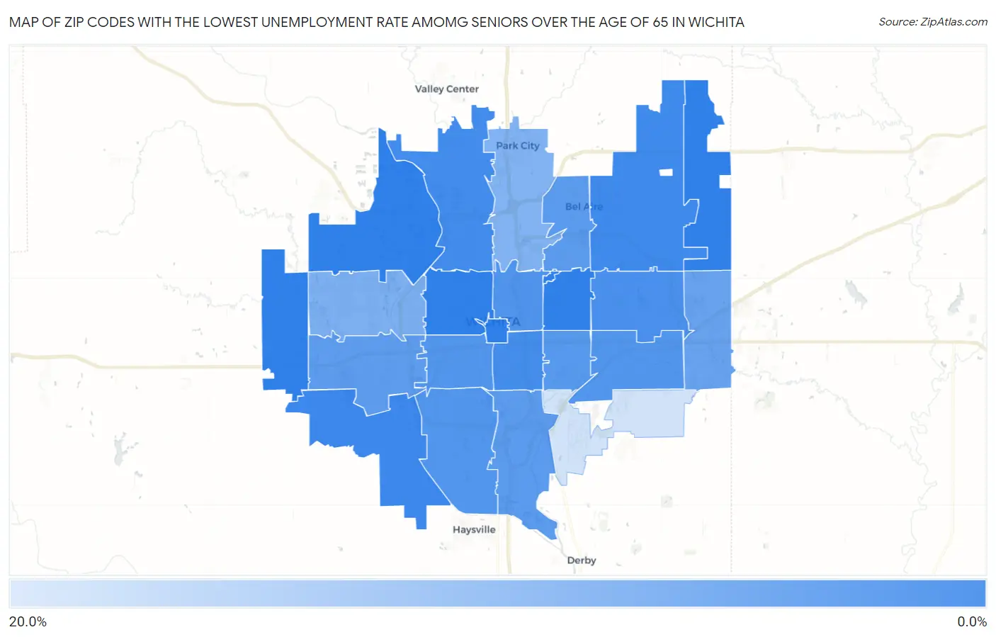 Zip Codes with the Lowest Unemployment Rate Amomg Seniors Over the Age of 65 in Wichita Map