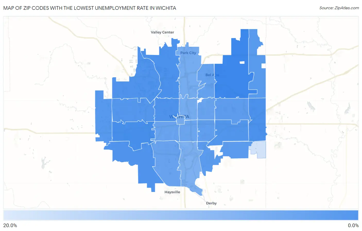 Zip Codes with the Lowest Unemployment Rate in Wichita Map
