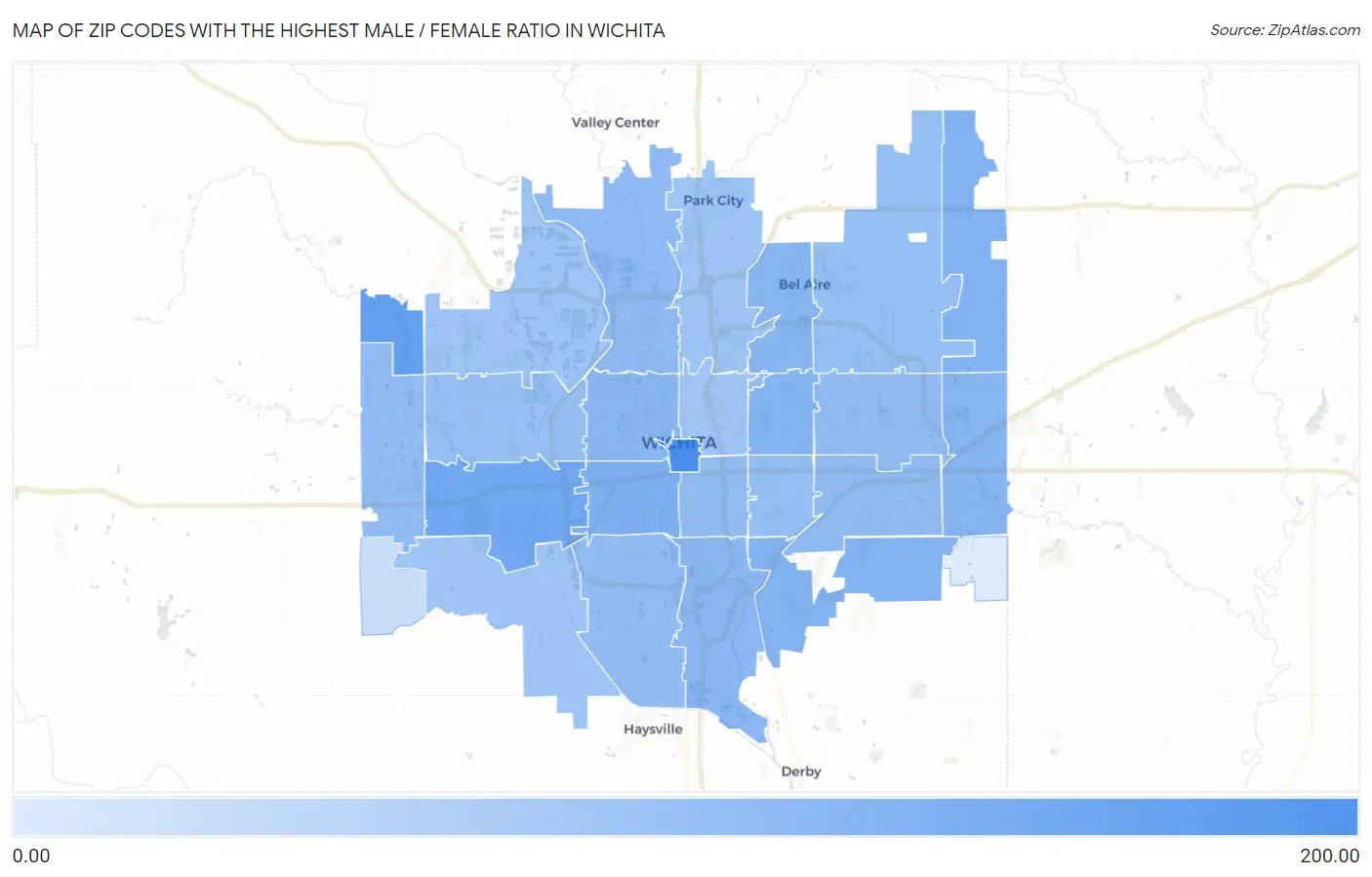 Zip Codes with the Highest Male / Female Ratio in Wichita Map