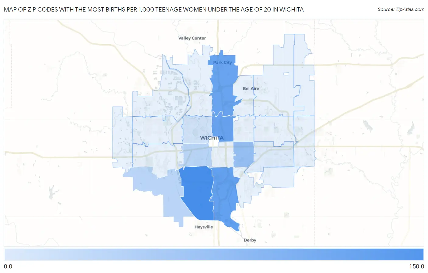 Zip Codes with the Most Births per 1,000 Teenage Women Under the Age of 20 in Wichita Map