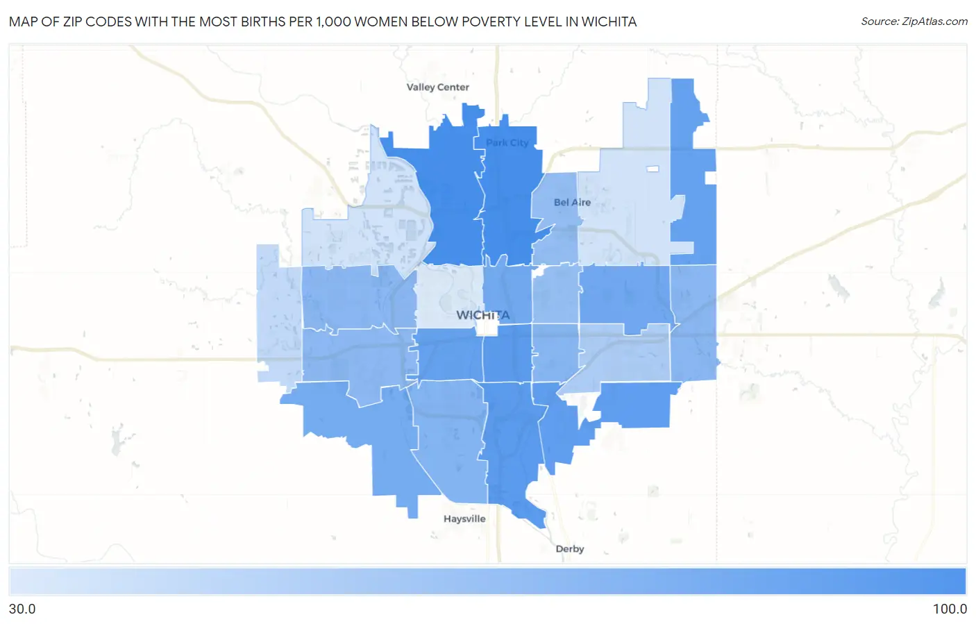Zip Codes with the Most Births per 1,000 Women Below Poverty Level in Wichita Map