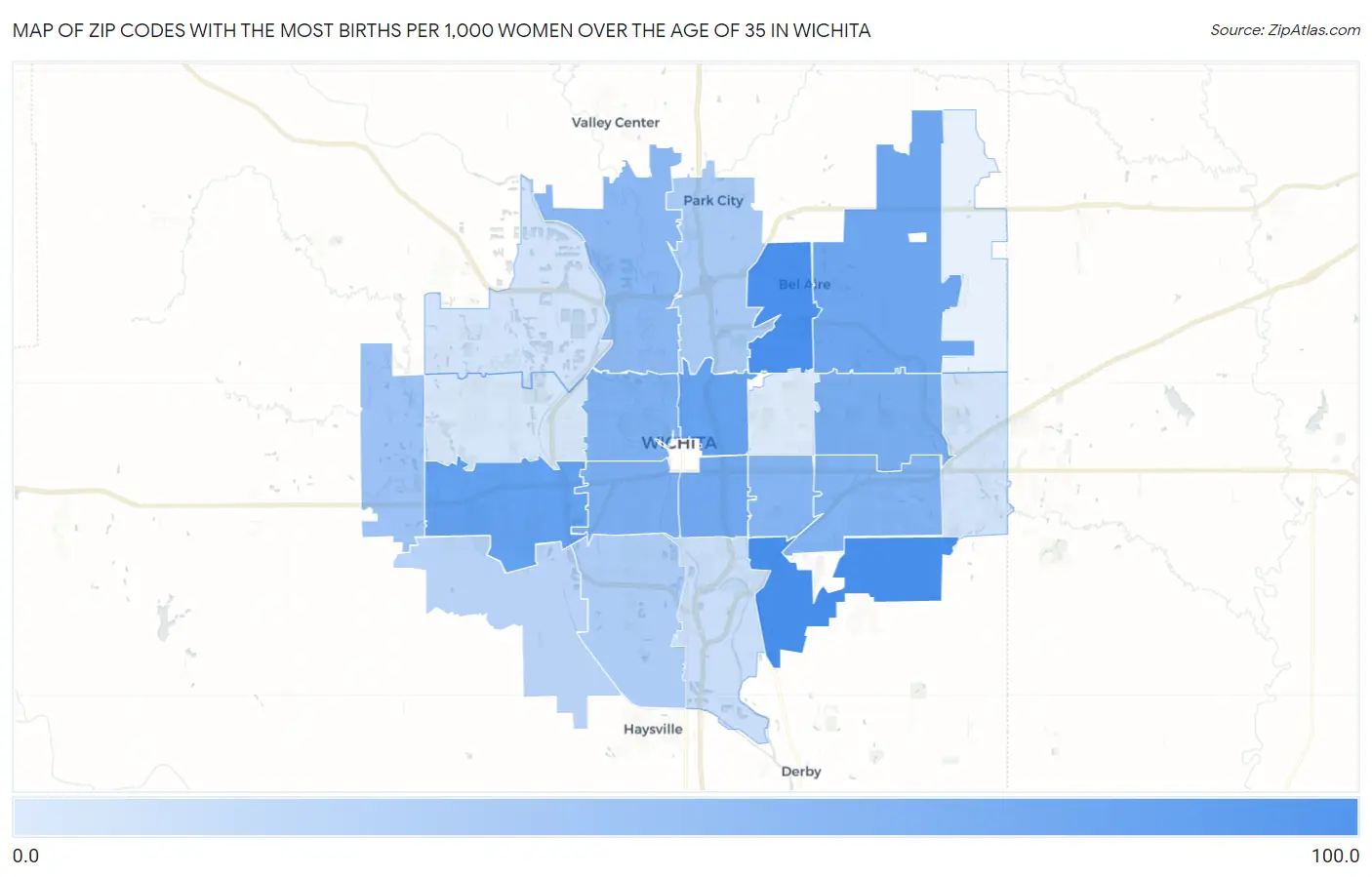 Zip Codes with the Most Births per 1,000 Women Over the Age of 35 in Wichita Map