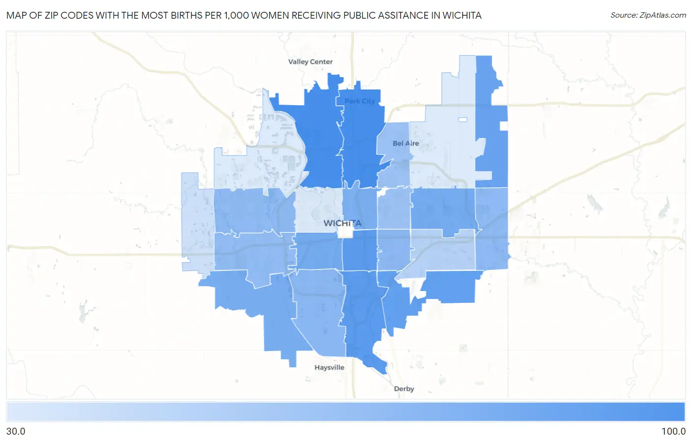 Zip Codes with the Most Births per 1,000 Women Receiving Public Assitance in Wichita Map