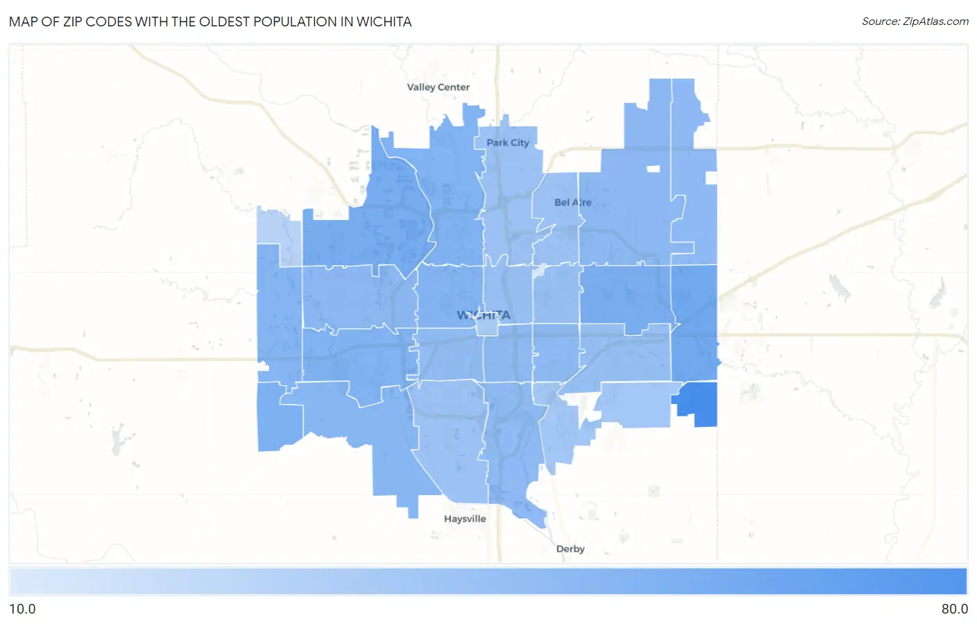 Zip Codes with the Oldest Population in Wichita Map