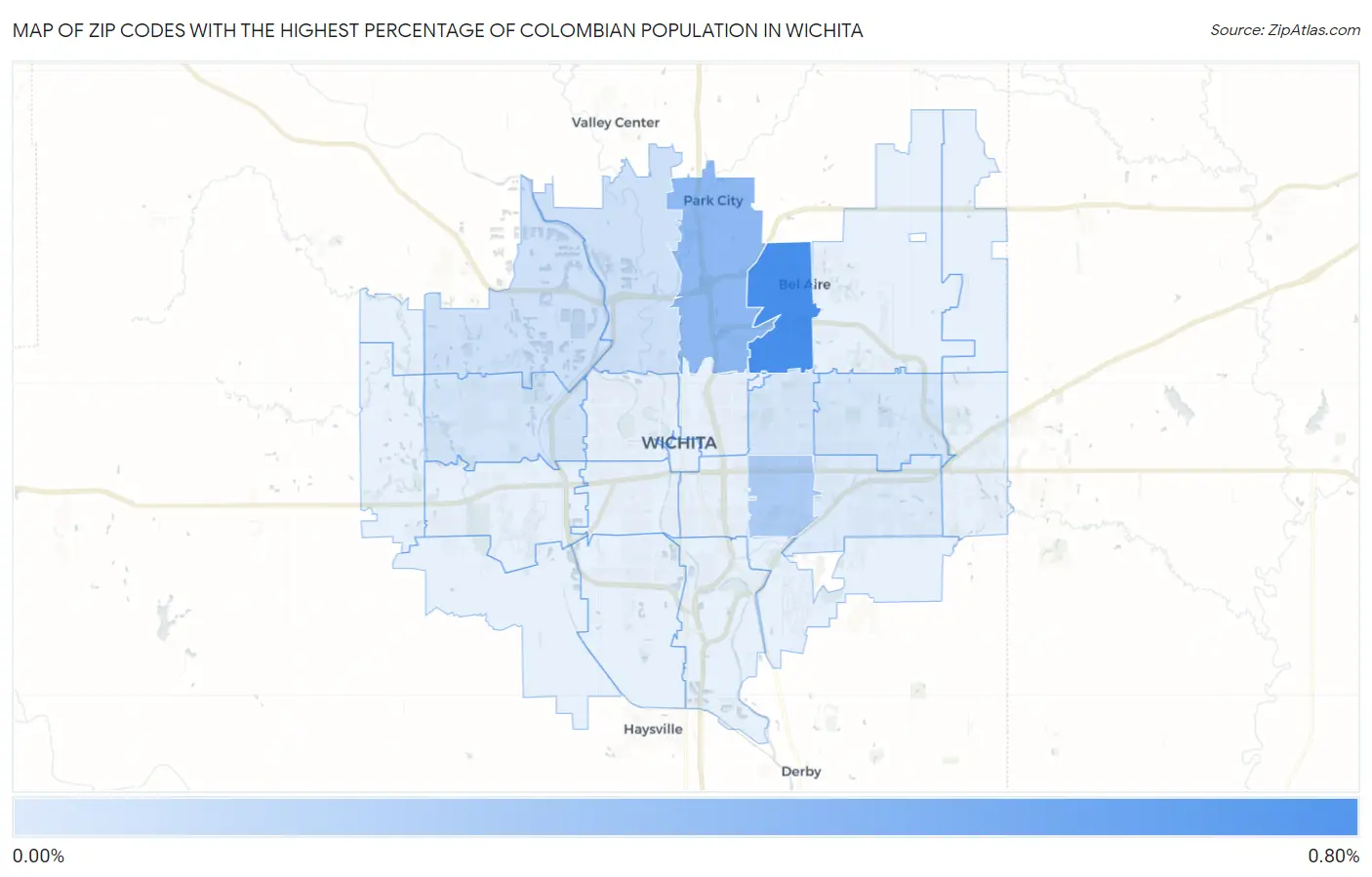 Zip Codes with the Highest Percentage of Colombian Population in Wichita Map