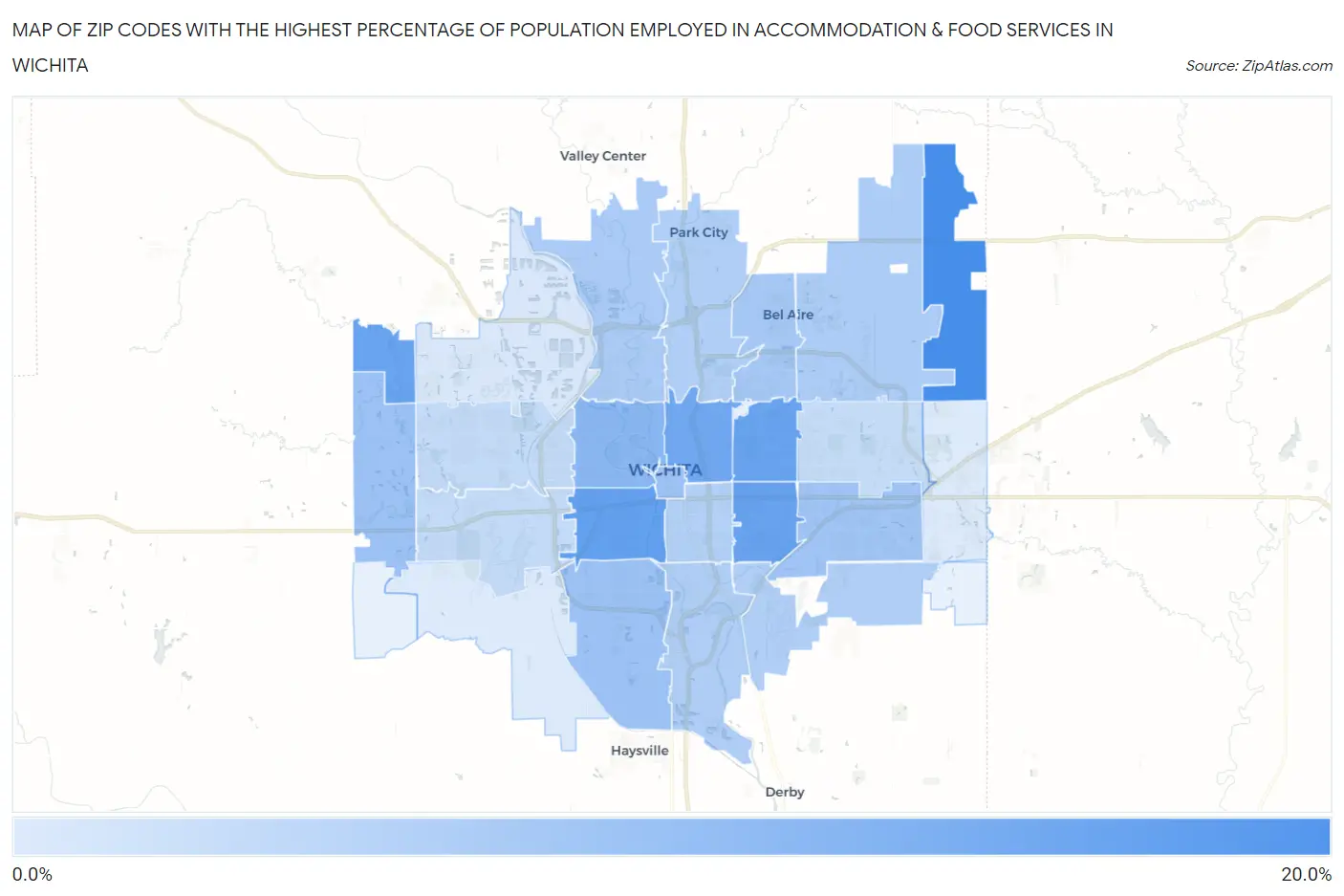 Zip Codes with the Highest Percentage of Population Employed in Accommodation & Food Services in Wichita Map