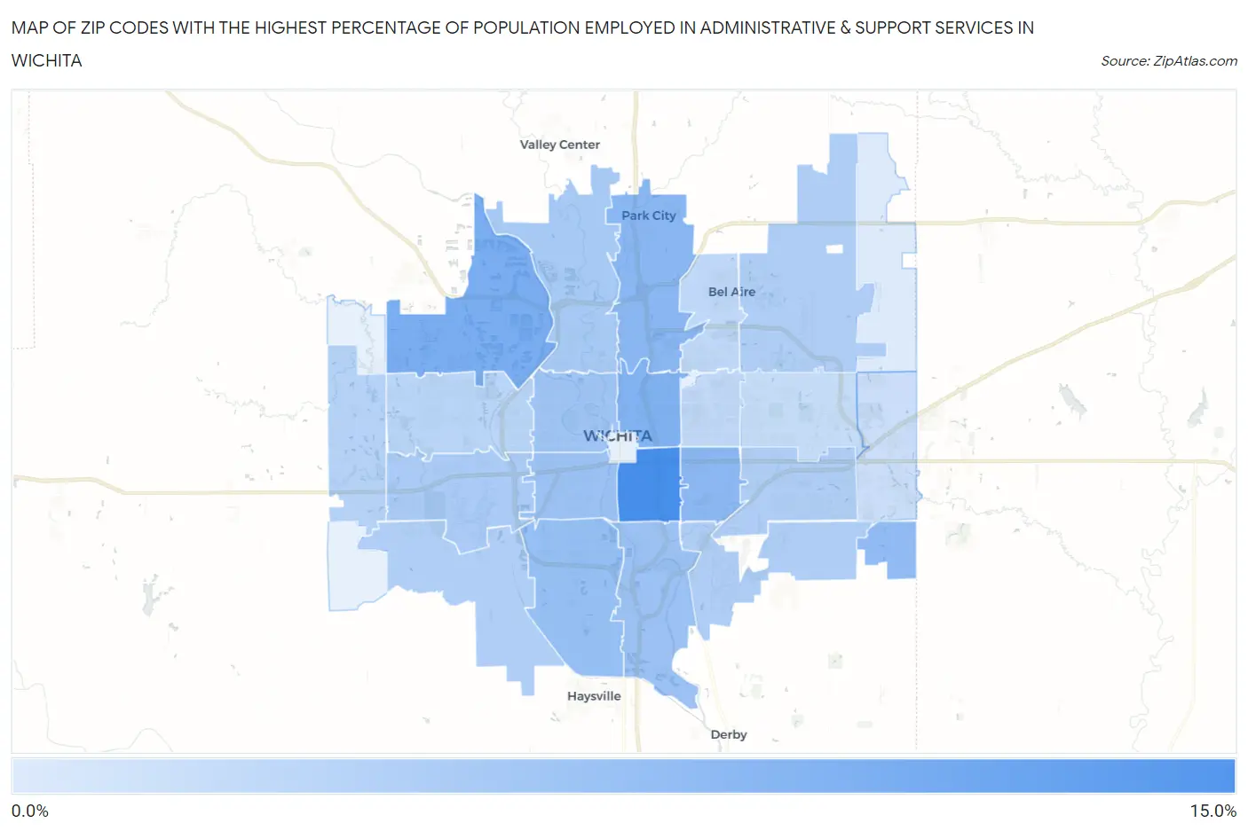 Zip Codes with the Highest Percentage of Population Employed in Administrative & Support Services in Wichita Map