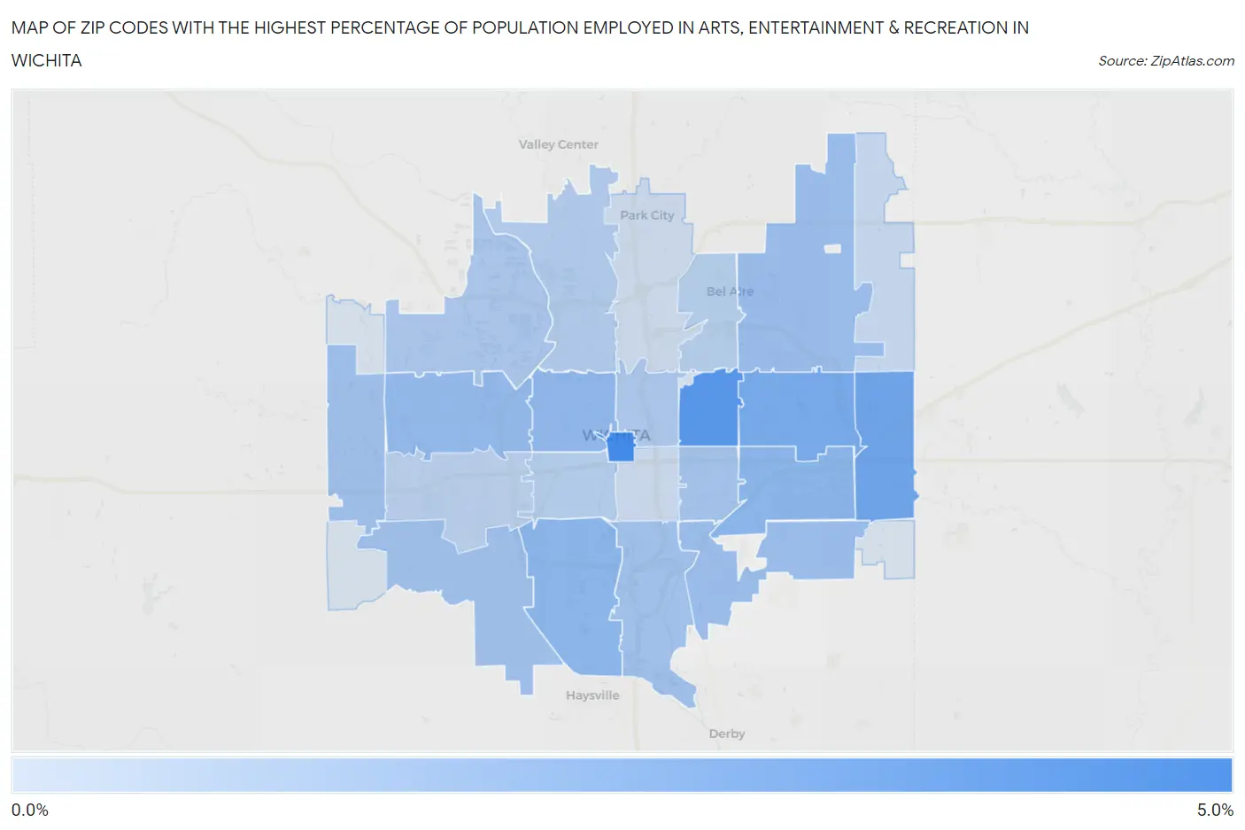 Zip Codes with the Highest Percentage of Population Employed in Arts, Entertainment & Recreation in Wichita Map