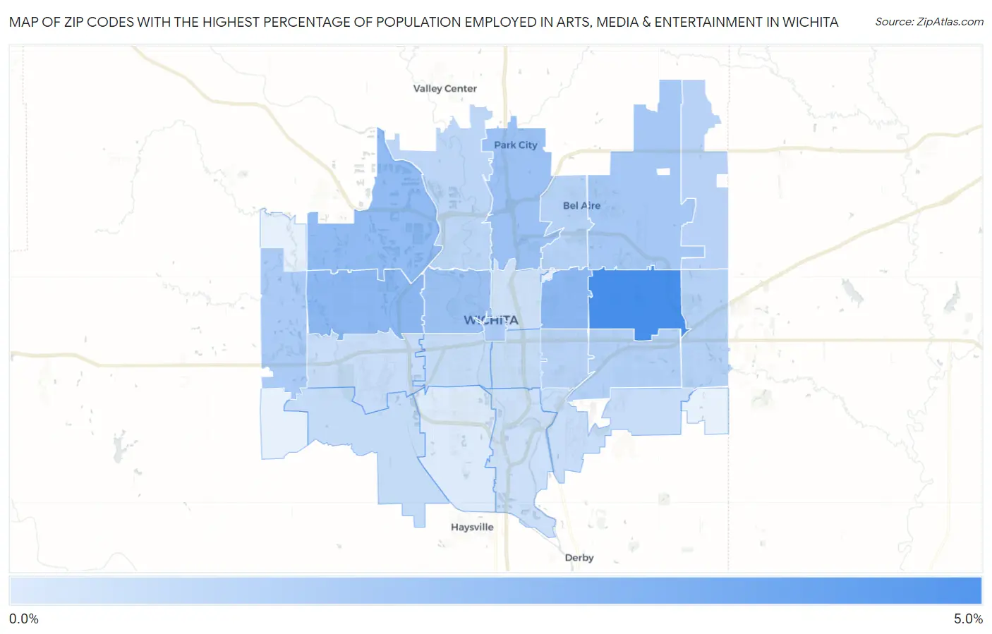 Zip Codes with the Highest Percentage of Population Employed in Arts, Media & Entertainment in Wichita Map