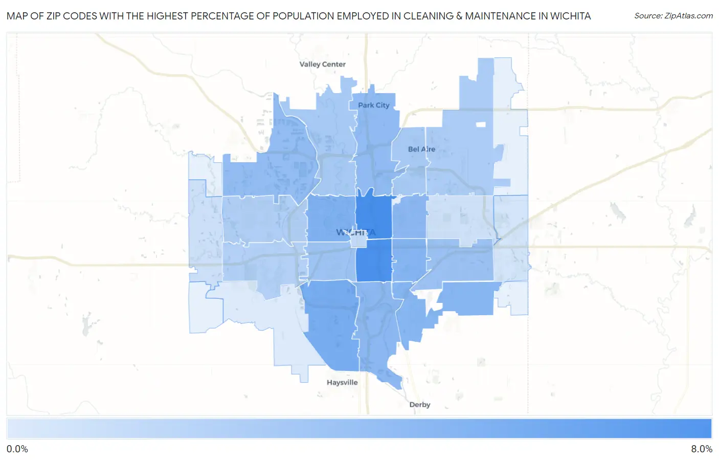 Zip Codes with the Highest Percentage of Population Employed in Cleaning & Maintenance in Wichita Map