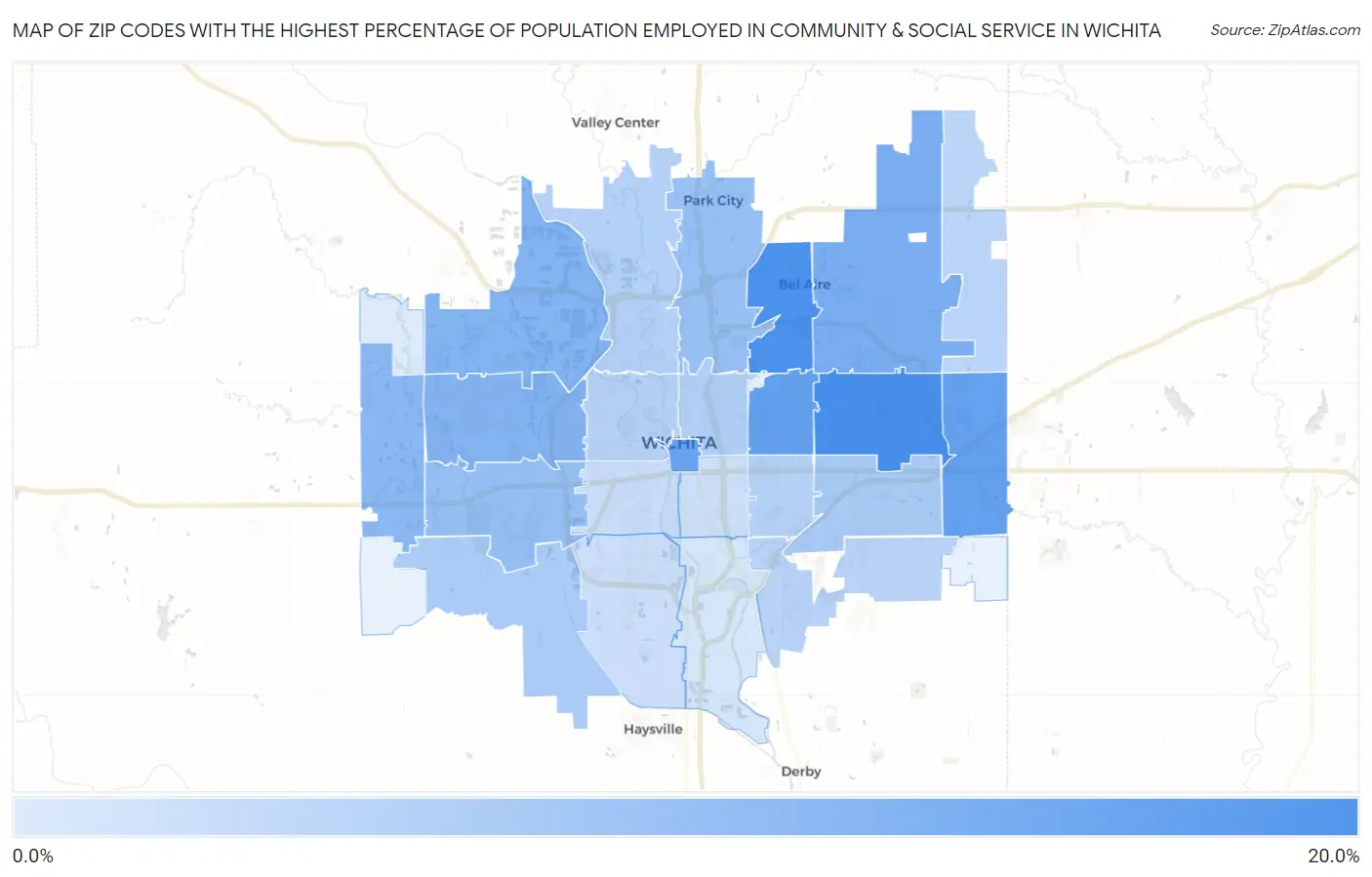 Zip Codes with the Highest Percentage of Population Employed in Community & Social Service  in Wichita Map