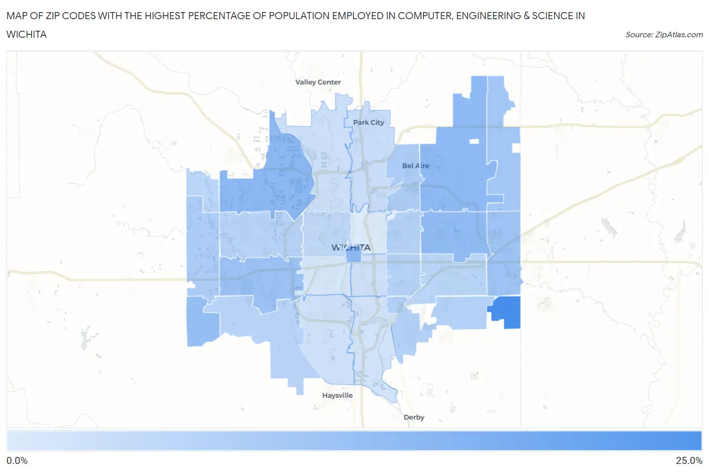 Zip Codes with the Highest Percentage of Population Employed in Computer, Engineering & Science in Wichita Map