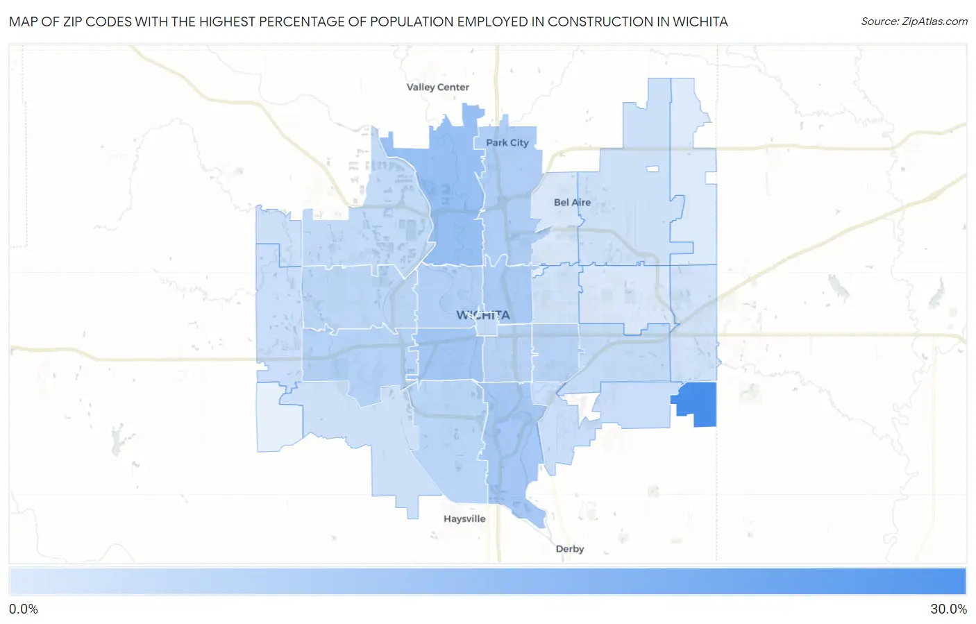 Zip Codes with the Highest Percentage of Population Employed in Construction in Wichita Map