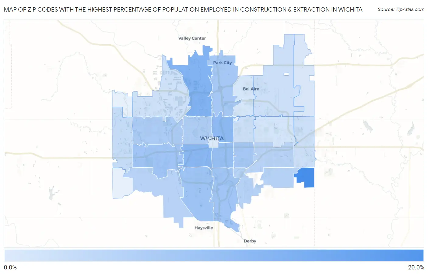 Zip Codes with the Highest Percentage of Population Employed in Construction & Extraction in Wichita Map
