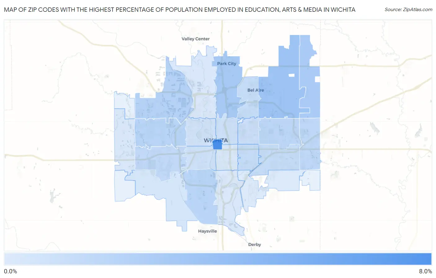 Zip Codes with the Highest Percentage of Population Employed in Education, Arts & Media in Wichita Map