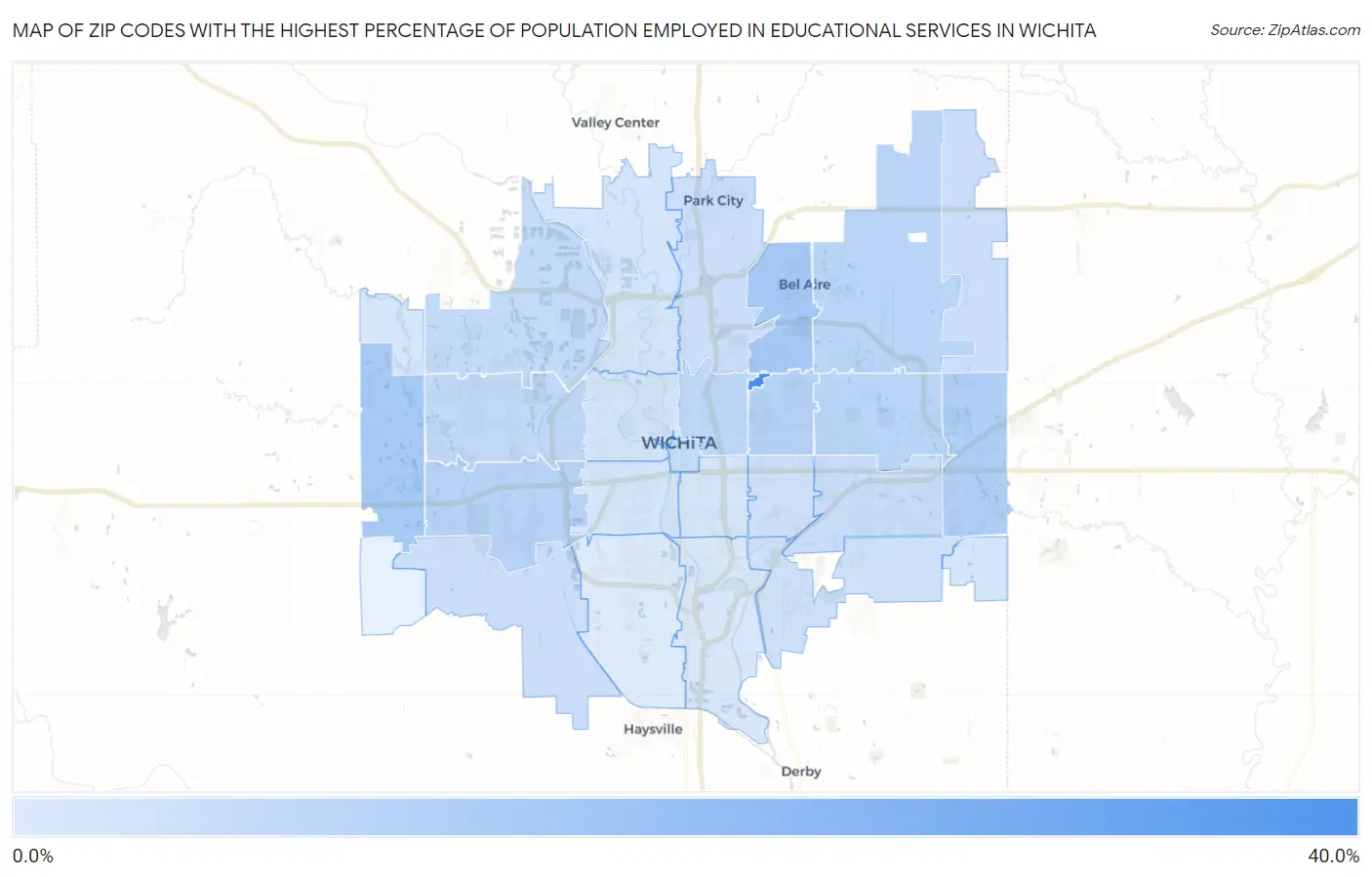 Zip Codes with the Highest Percentage of Population Employed in Educational Services in Wichita Map