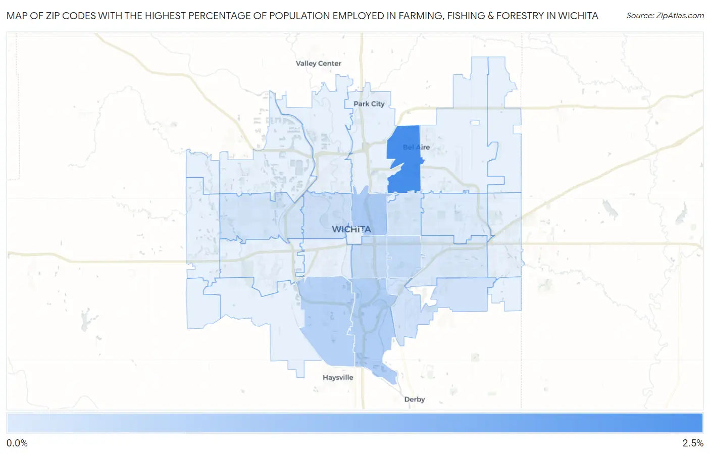 Zip Codes with the Highest Percentage of Population Employed in Farming, Fishing & Forestry in Wichita Map