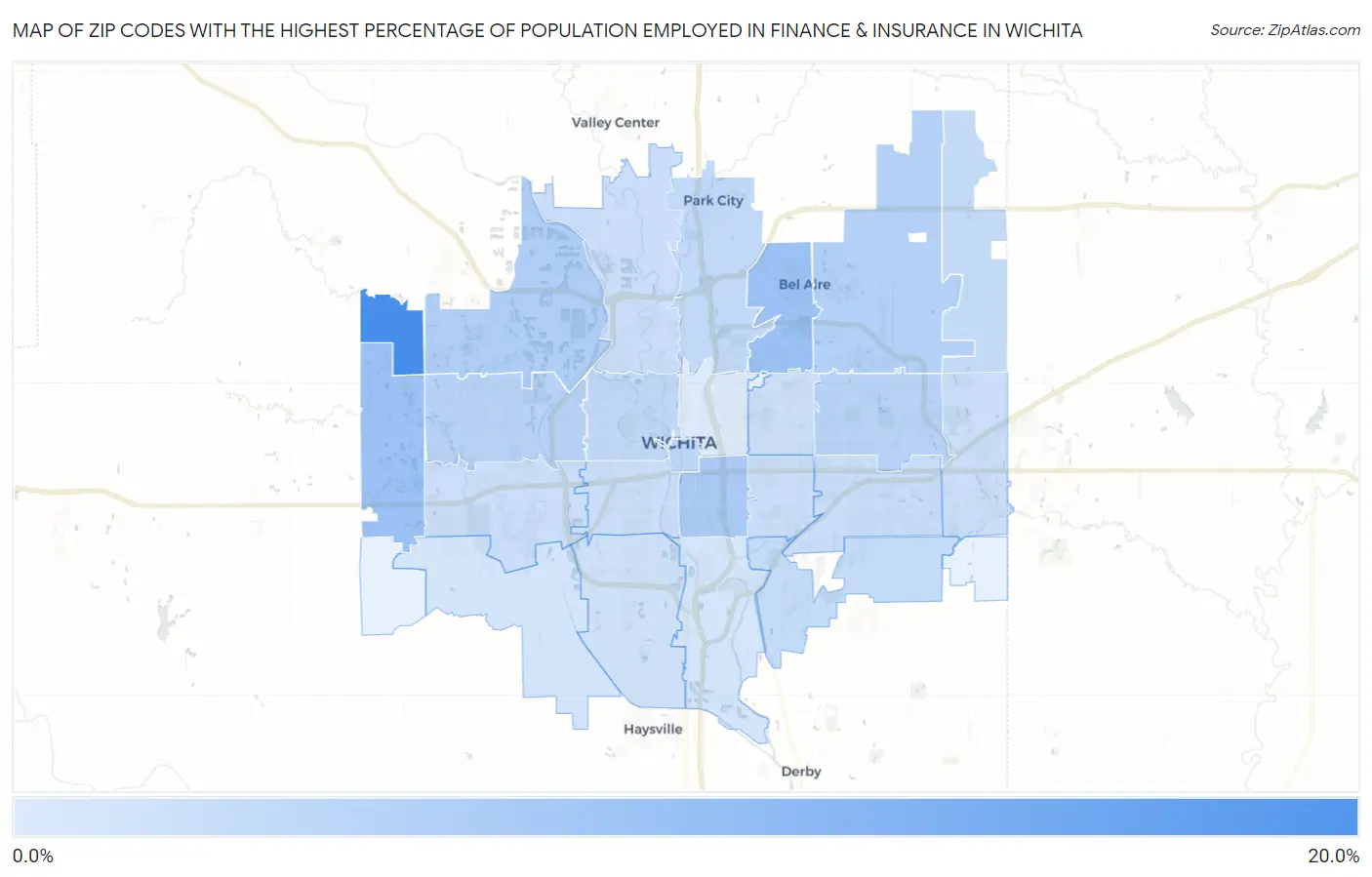 Zip Codes with the Highest Percentage of Population Employed in Finance & Insurance in Wichita Map