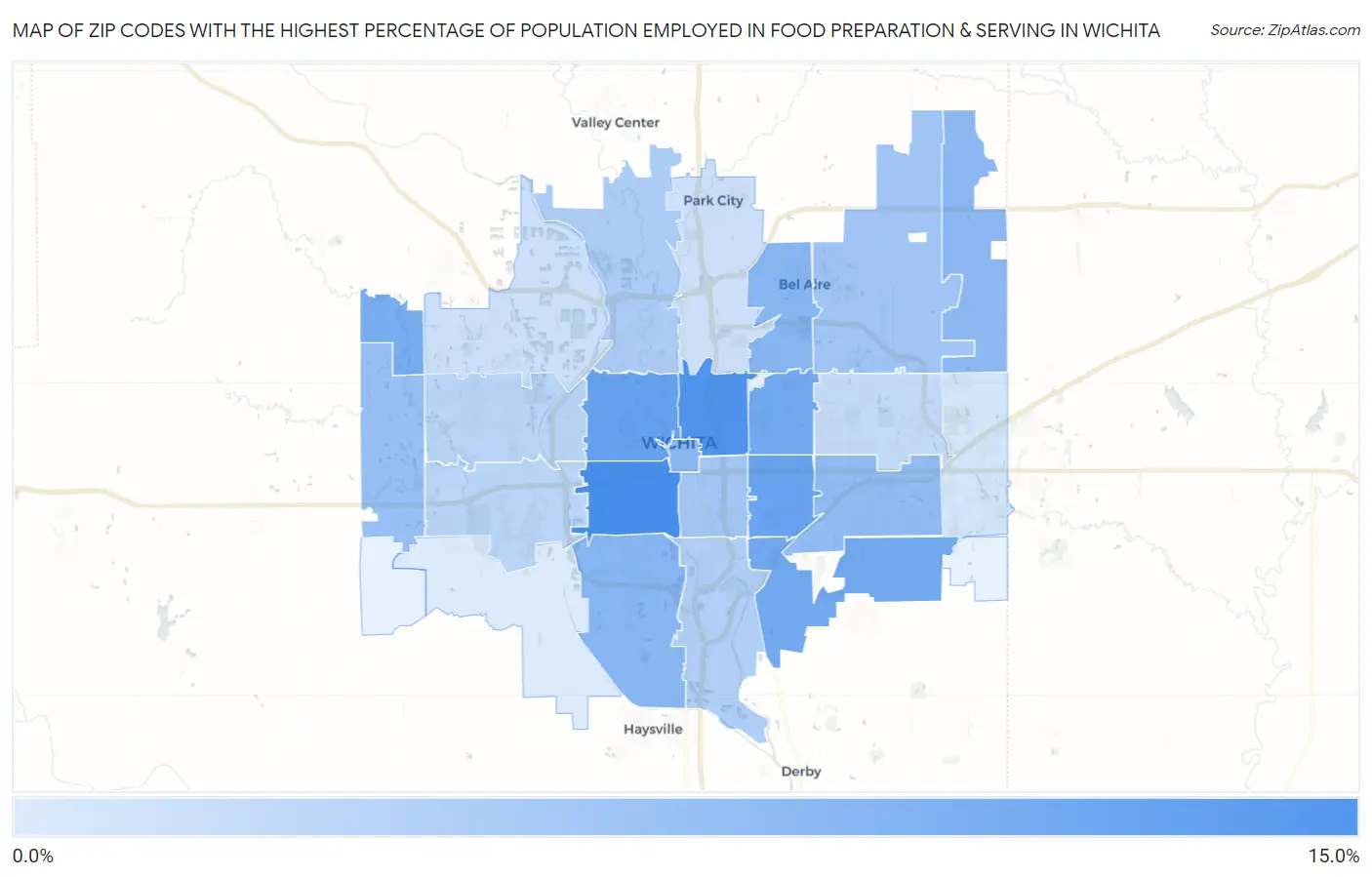 Zip Codes with the Highest Percentage of Population Employed in Food Preparation & Serving in Wichita Map