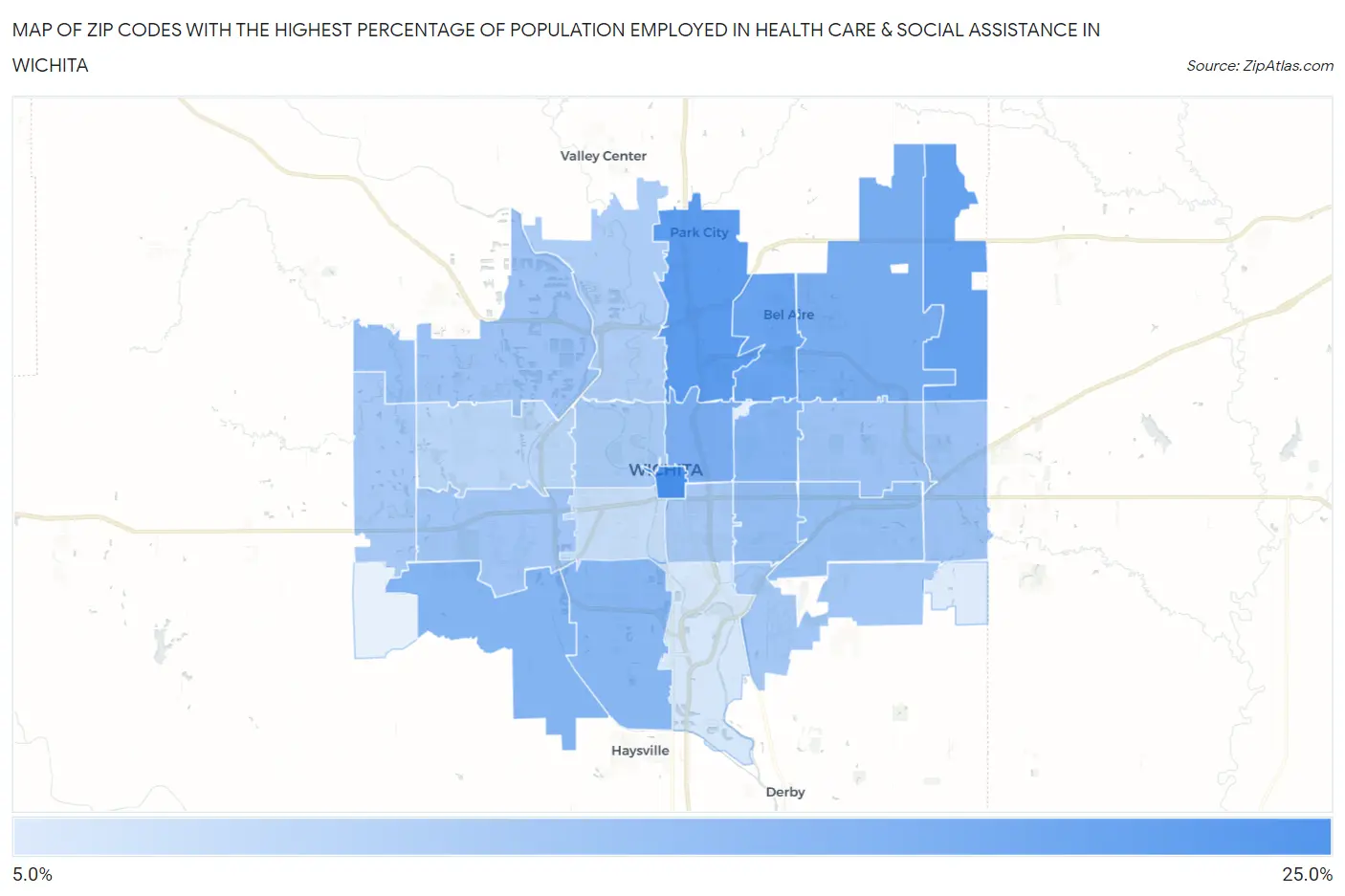 Zip Codes with the Highest Percentage of Population Employed in Health Care & Social Assistance in Wichita Map