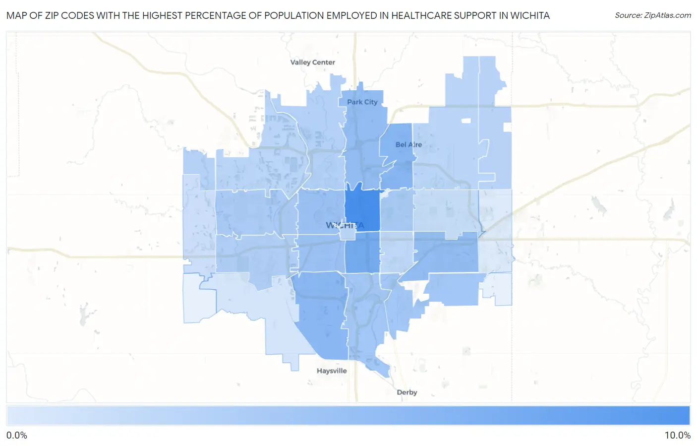 Zip Codes with the Highest Percentage of Population Employed in Healthcare Support in Wichita Map
