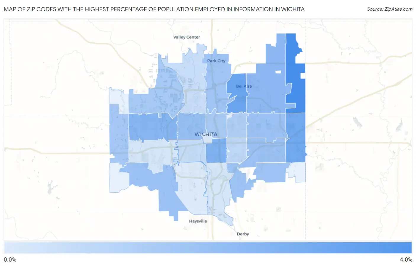 Zip Codes with the Highest Percentage of Population Employed in Information in Wichita Map