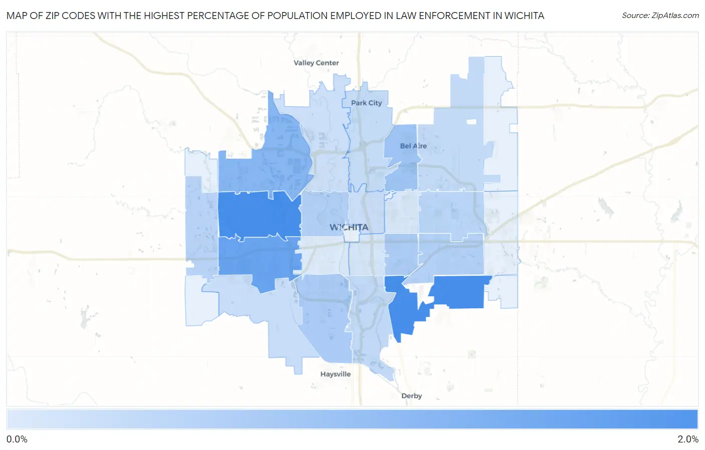 Zip Codes with the Highest Percentage of Population Employed in Law Enforcement in Wichita Map