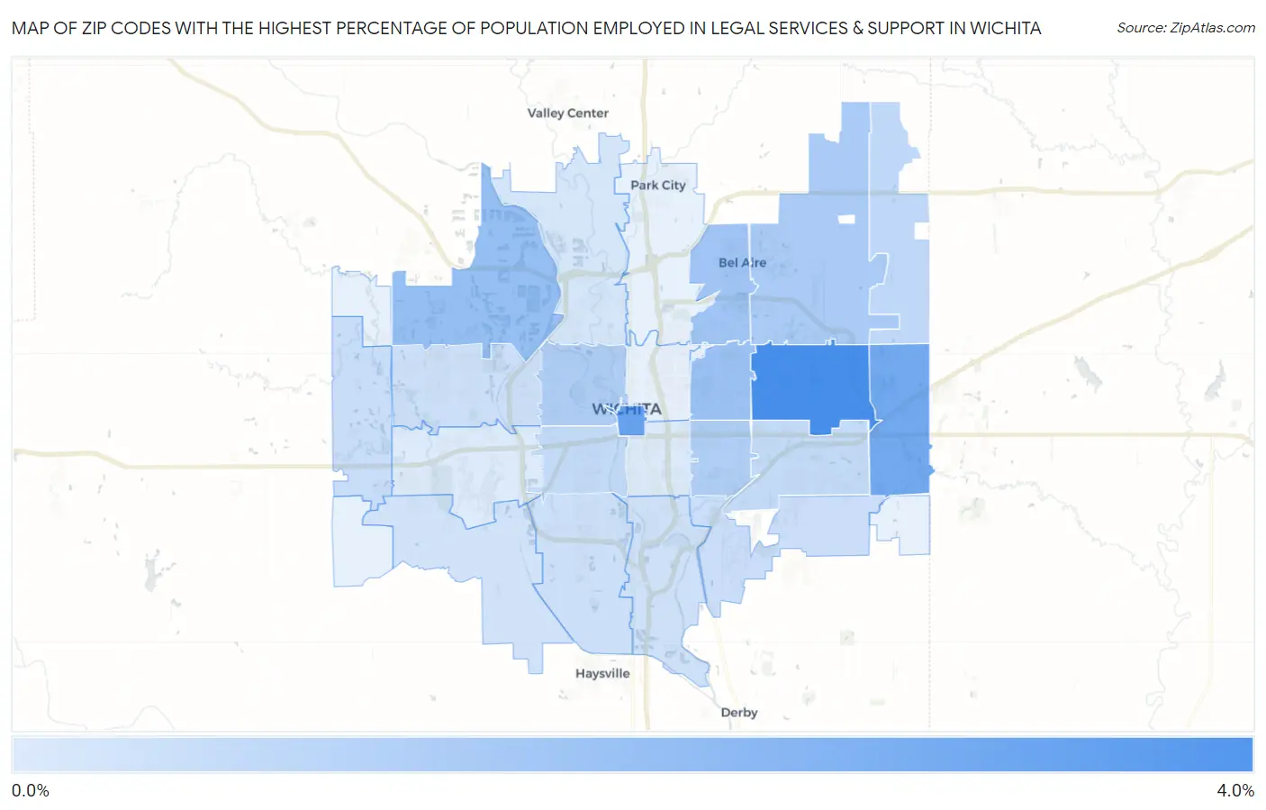 Zip Codes with the Highest Percentage of Population Employed in Legal Services & Support in Wichita Map