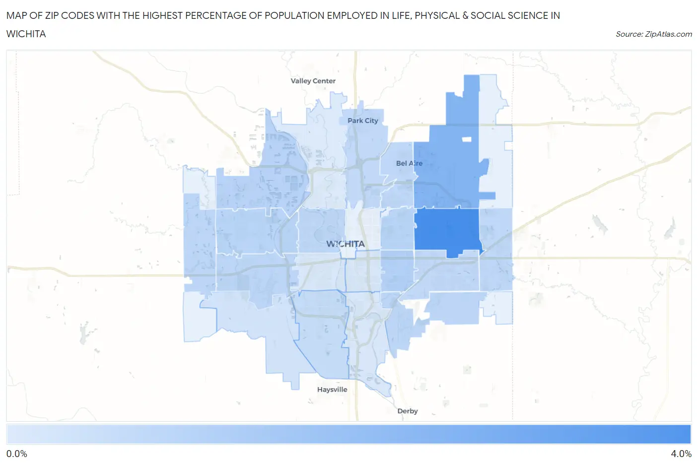 Zip Codes with the Highest Percentage of Population Employed in Life, Physical & Social Science in Wichita Map