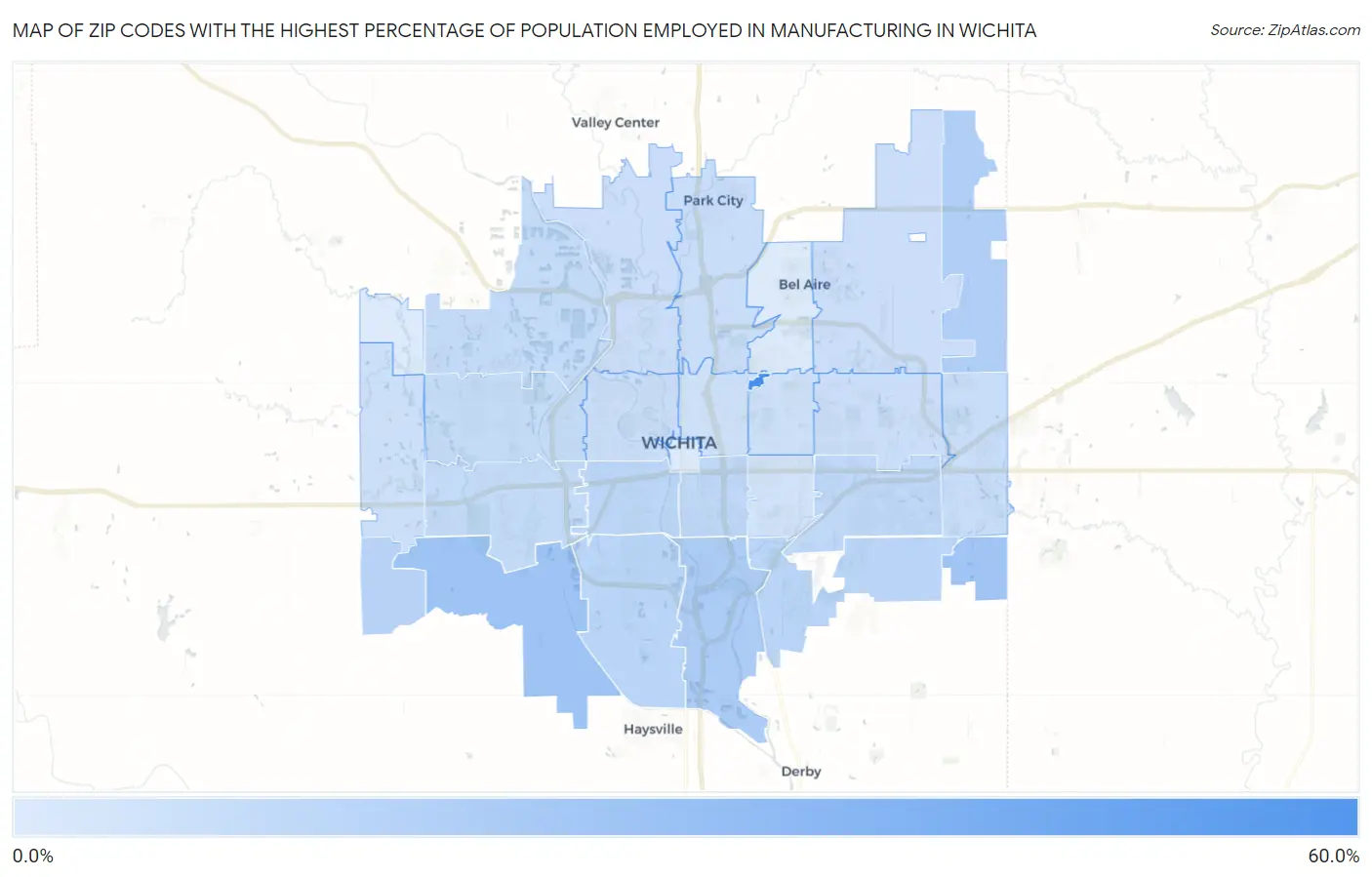 Zip Codes with the Highest Percentage of Population Employed in Manufacturing in Wichita Map