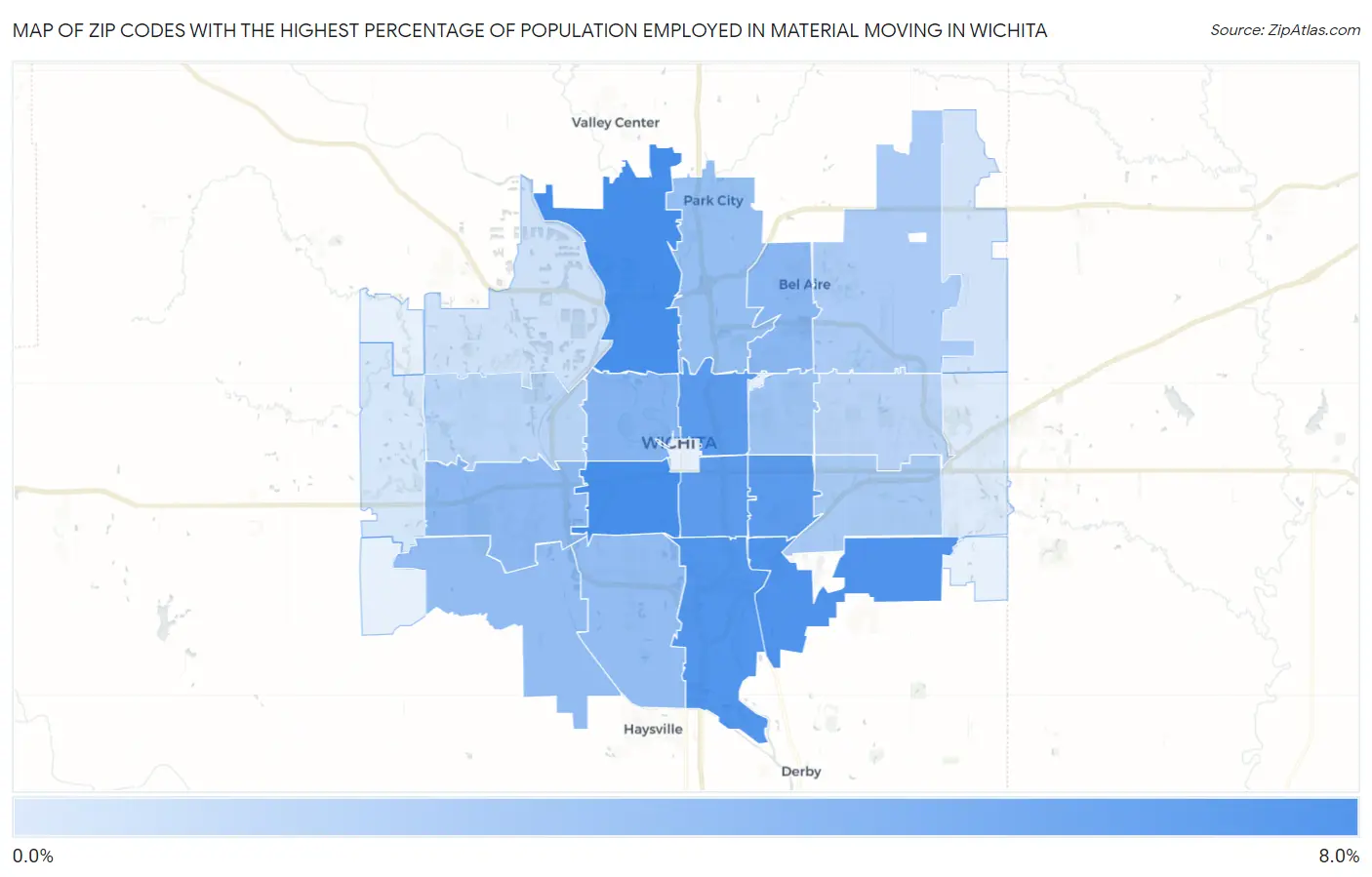 Zip Codes with the Highest Percentage of Population Employed in Material Moving in Wichita Map