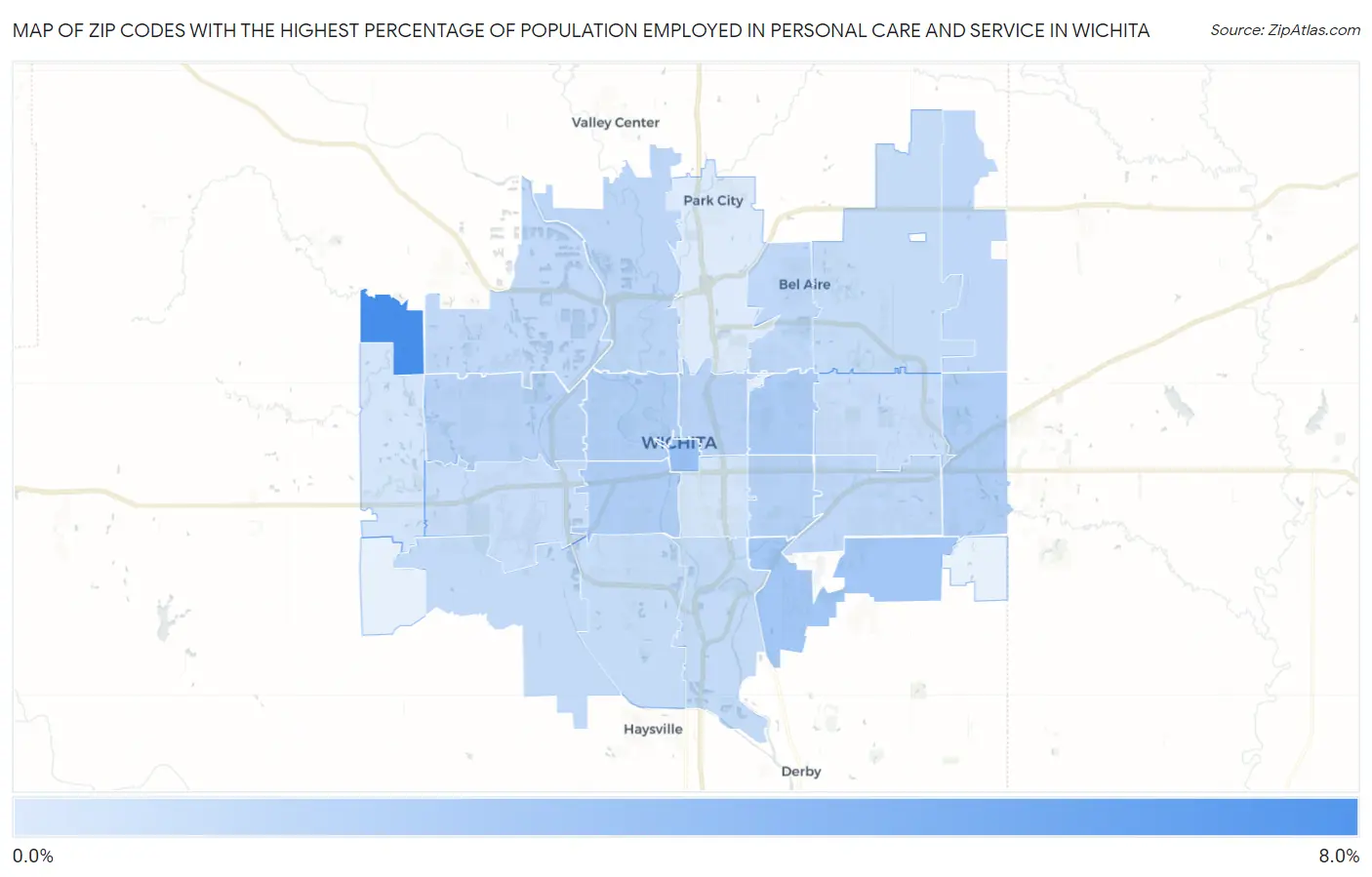 Zip Codes with the Highest Percentage of Population Employed in Personal Care and Service in Wichita Map