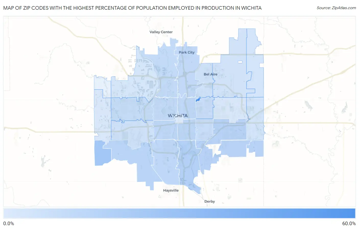 Zip Codes with the Highest Percentage of Population Employed in Production in Wichita Map