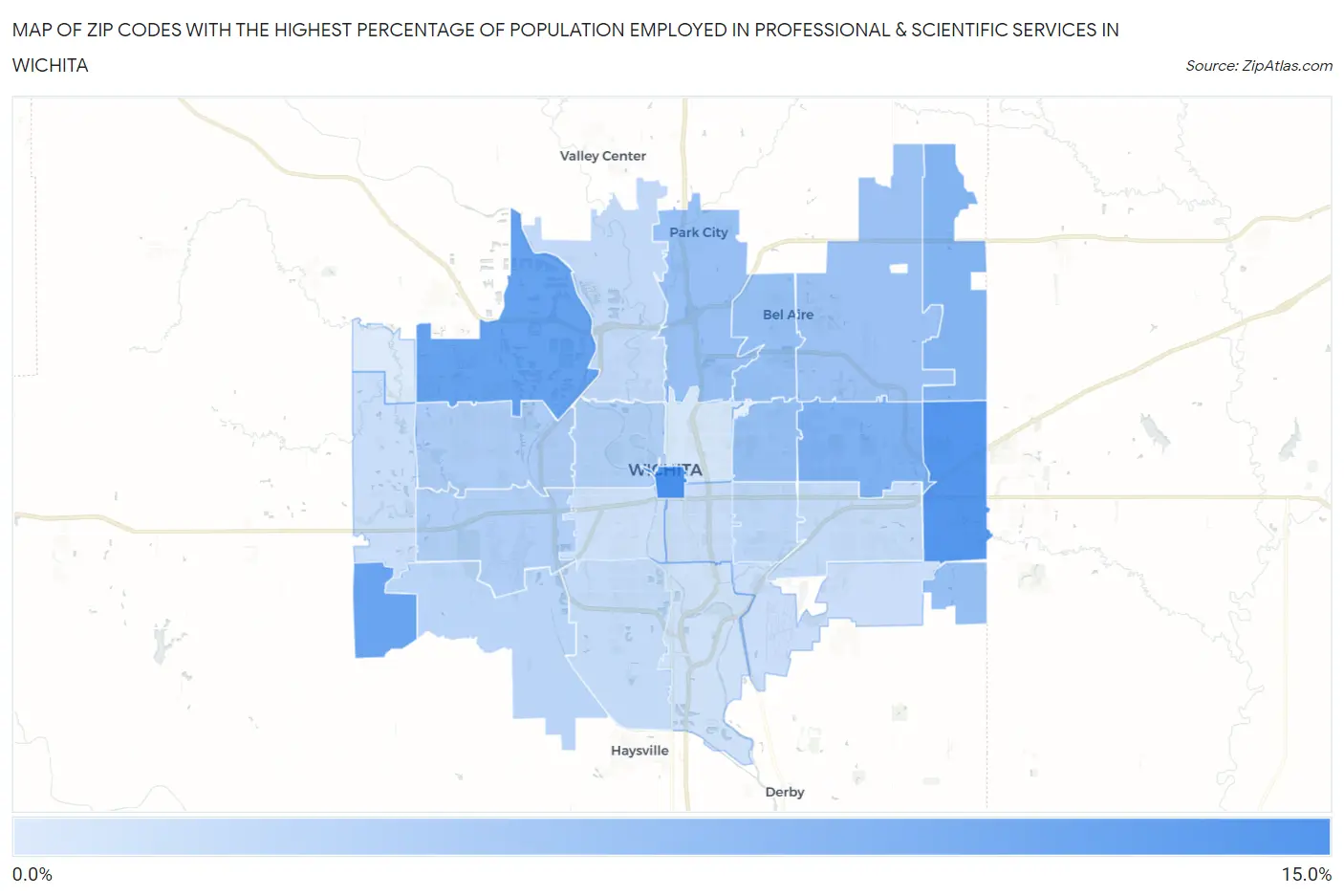 Zip Codes with the Highest Percentage of Population Employed in Professional & Scientific Services in Wichita Map