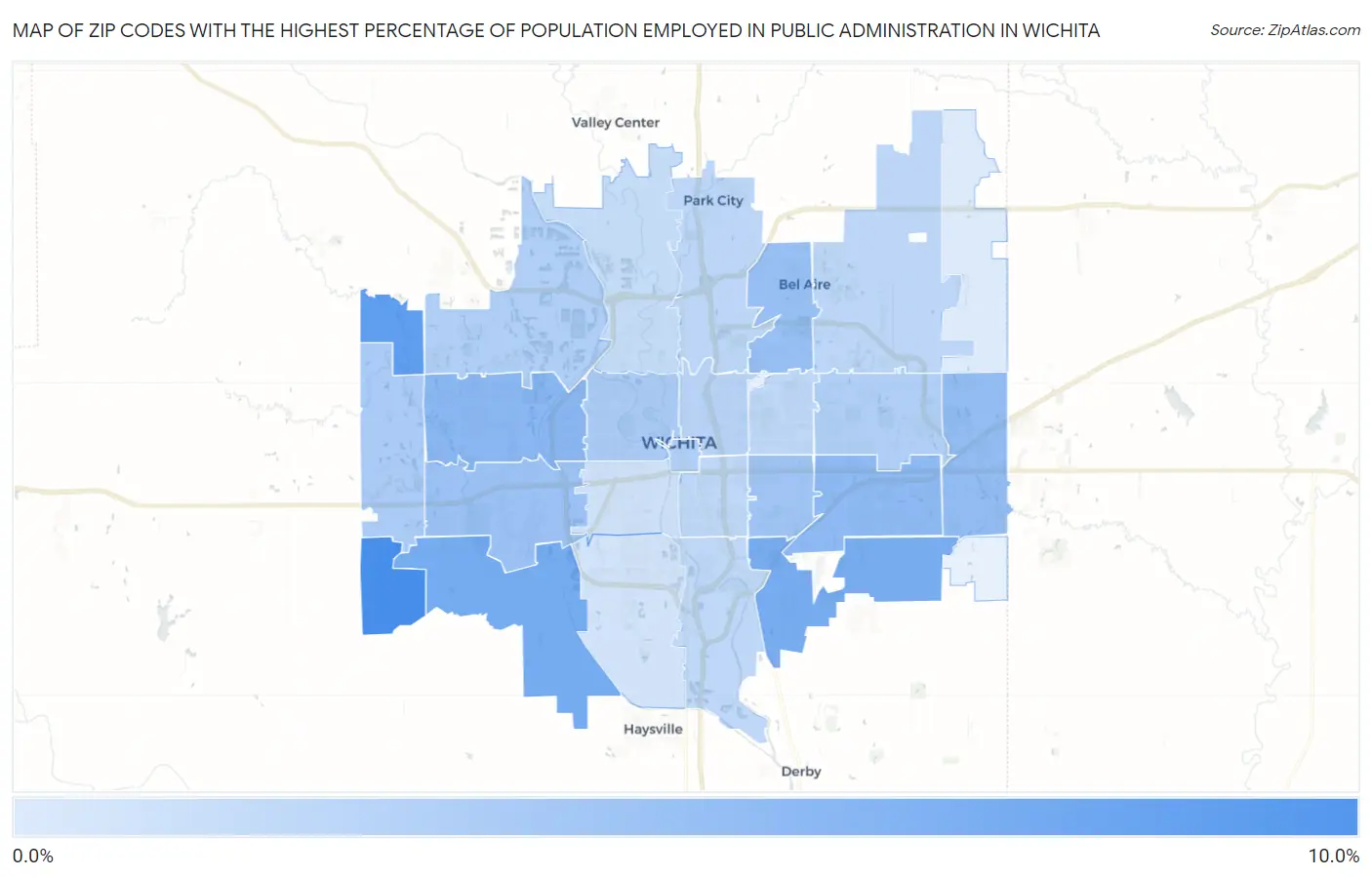Zip Codes with the Highest Percentage of Population Employed in Public Administration in Wichita Map