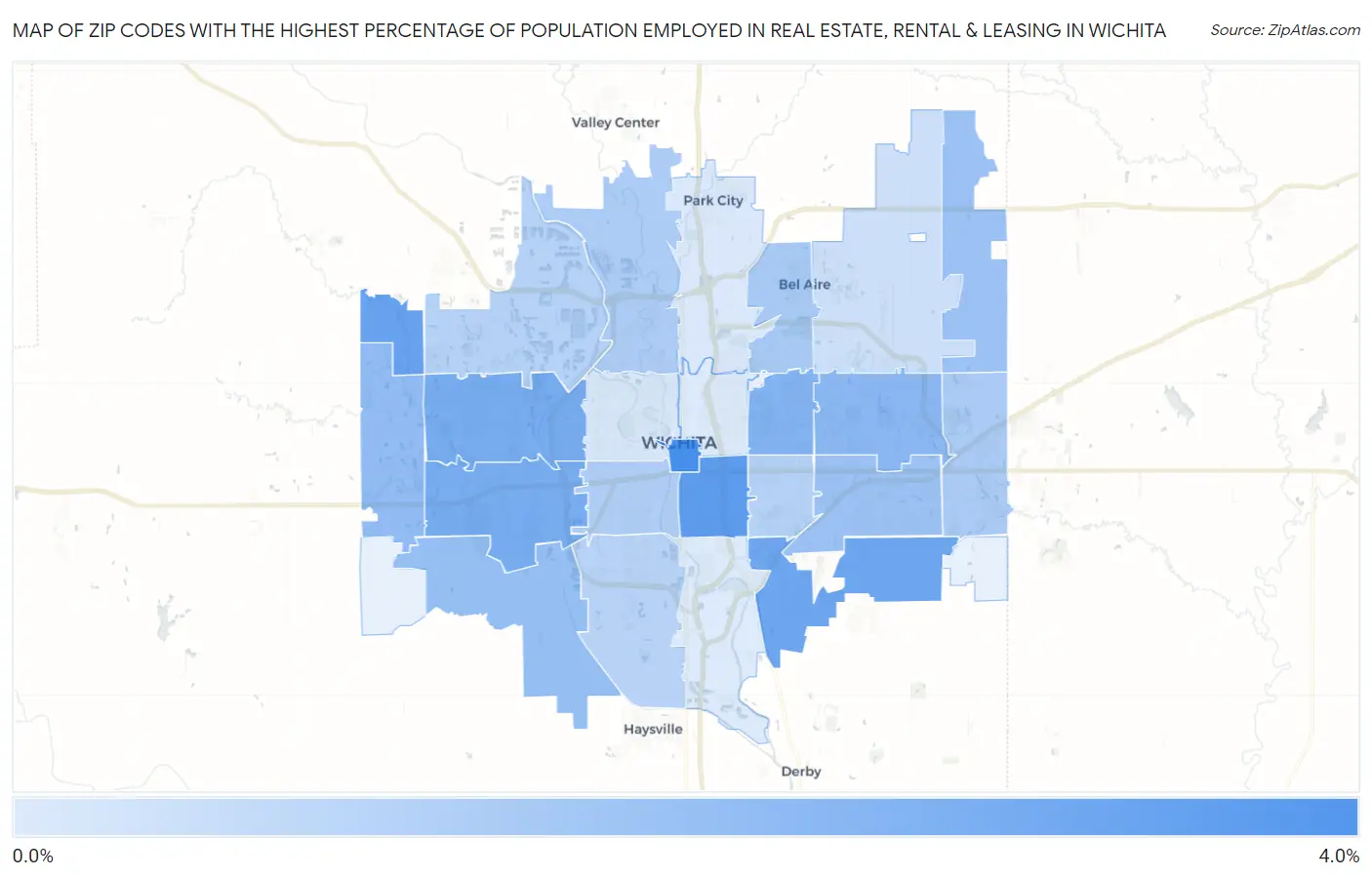 Zip Codes with the Highest Percentage of Population Employed in Real Estate, Rental & Leasing in Wichita Map