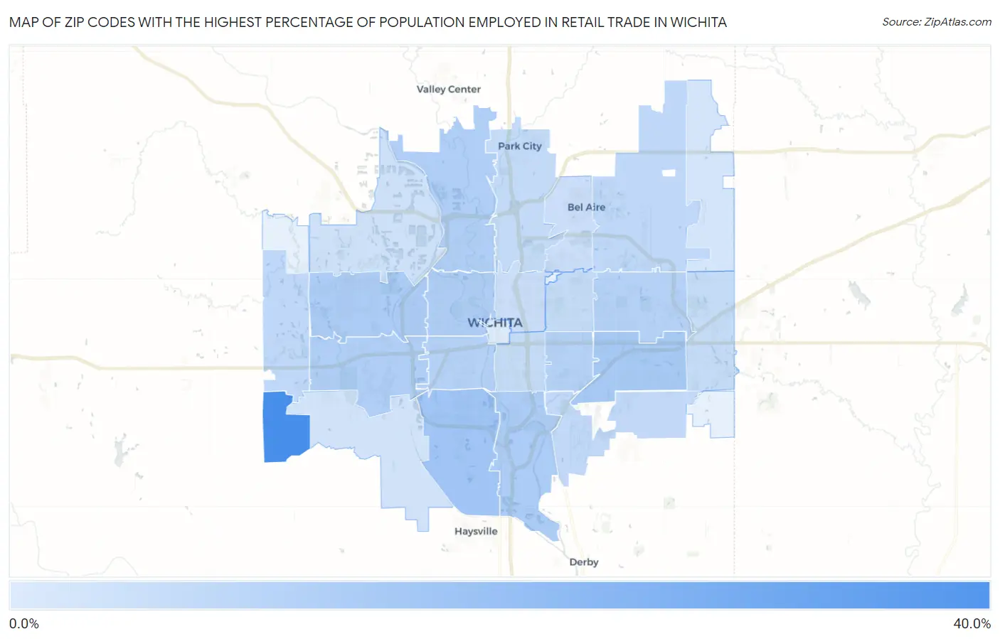 Zip Codes with the Highest Percentage of Population Employed in Retail Trade in Wichita Map