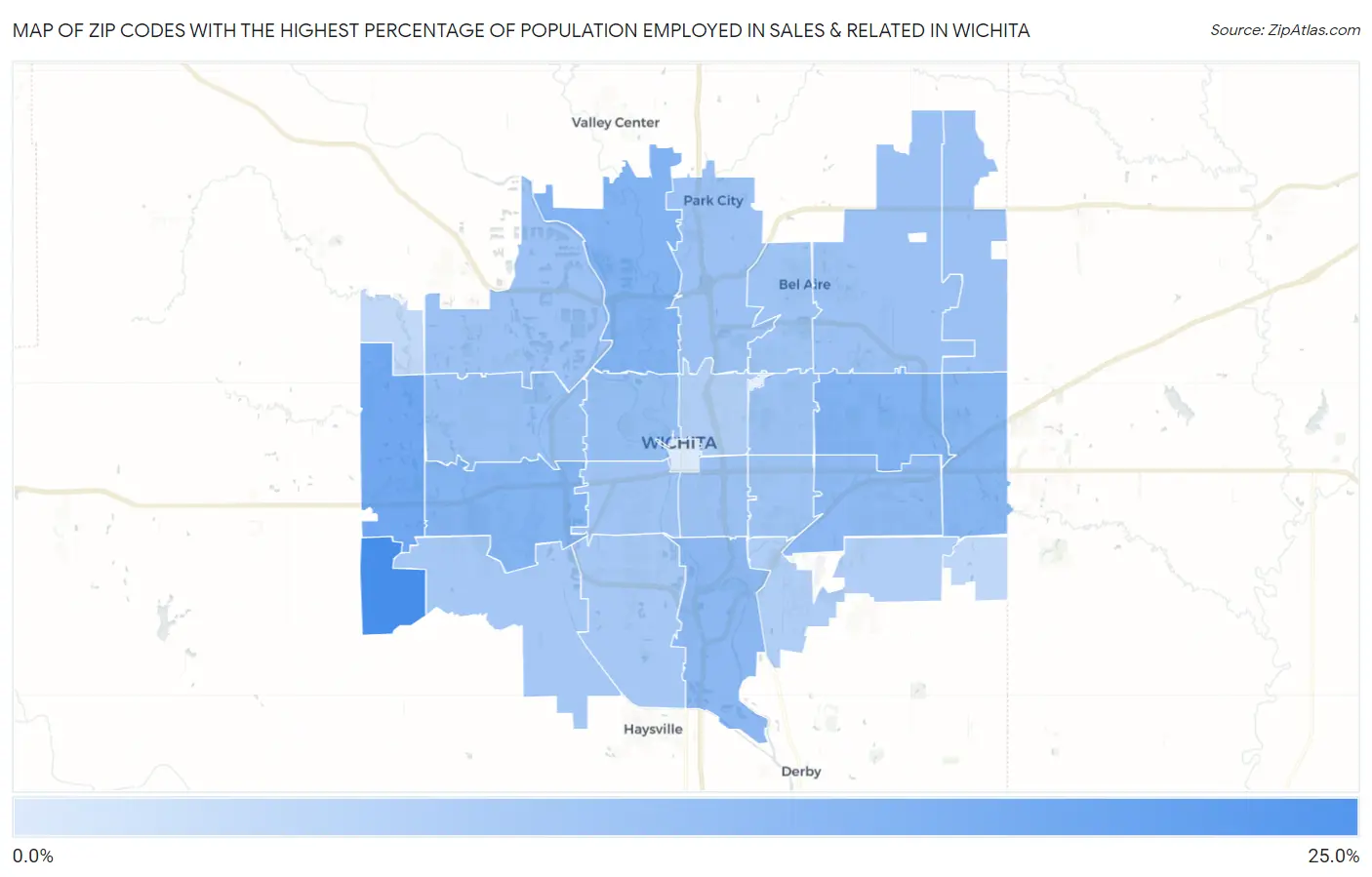 Zip Codes with the Highest Percentage of Population Employed in Sales & Related in Wichita Map