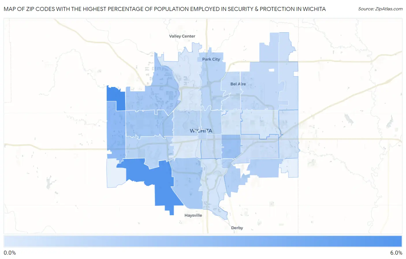 Zip Codes with the Highest Percentage of Population Employed in Security & Protection in Wichita Map