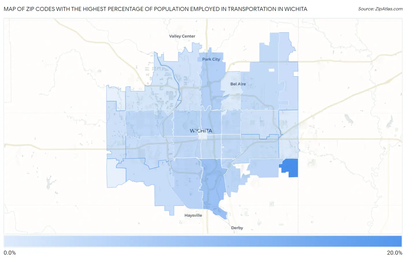 Zip Codes with the Highest Percentage of Population Employed in Transportation in Wichita Map