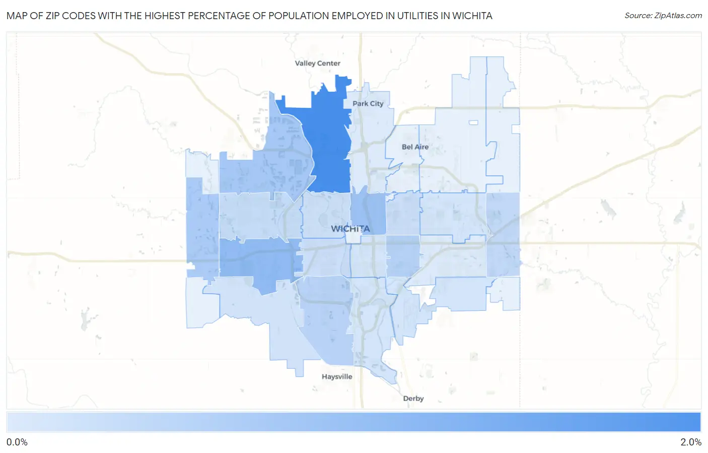 Zip Codes with the Highest Percentage of Population Employed in Utilities in Wichita Map