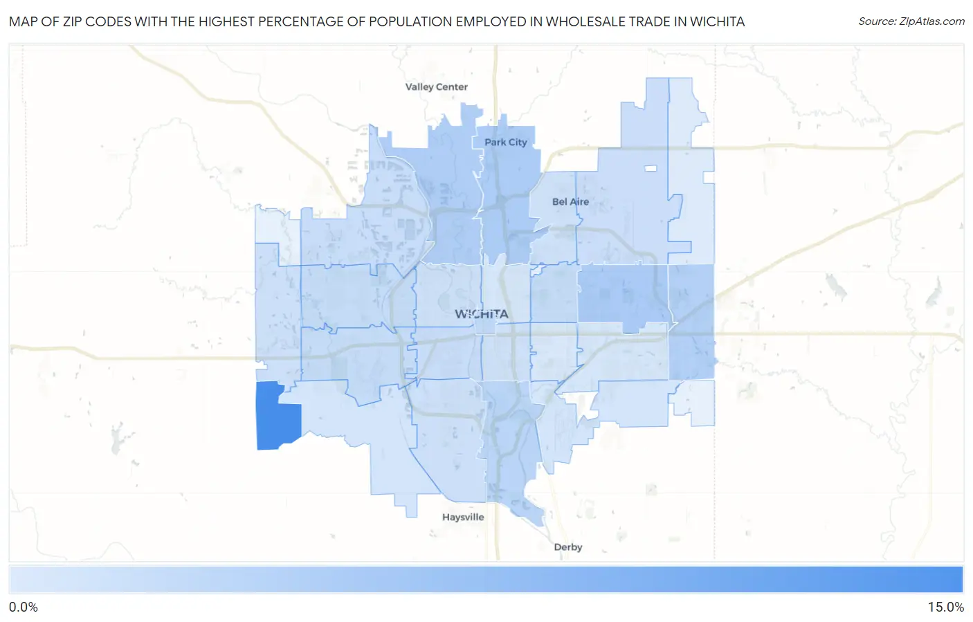Zip Codes with the Highest Percentage of Population Employed in Wholesale Trade in Wichita Map