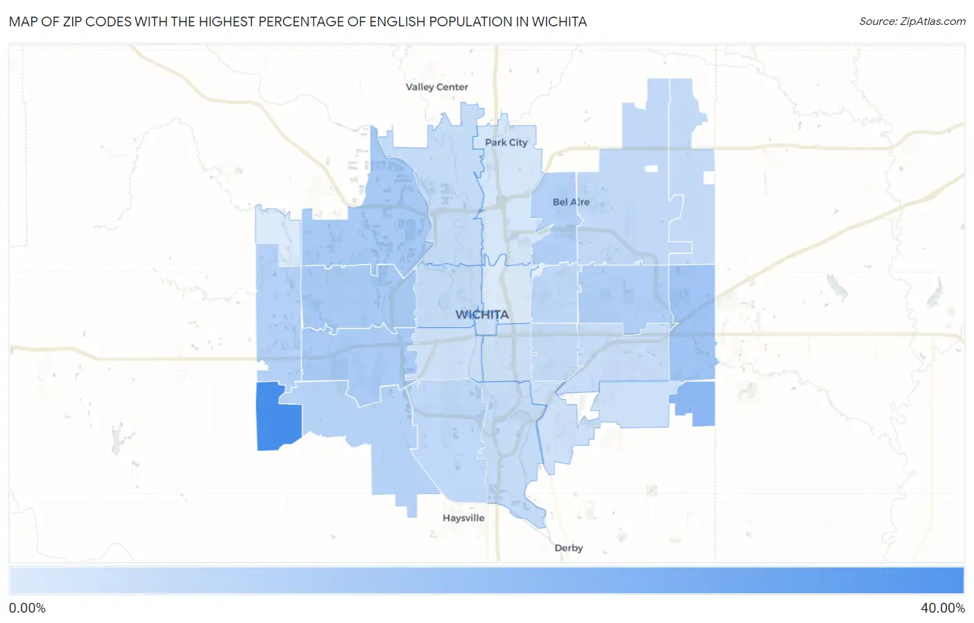 Zip Codes with the Highest Percentage of English Population in Wichita Map