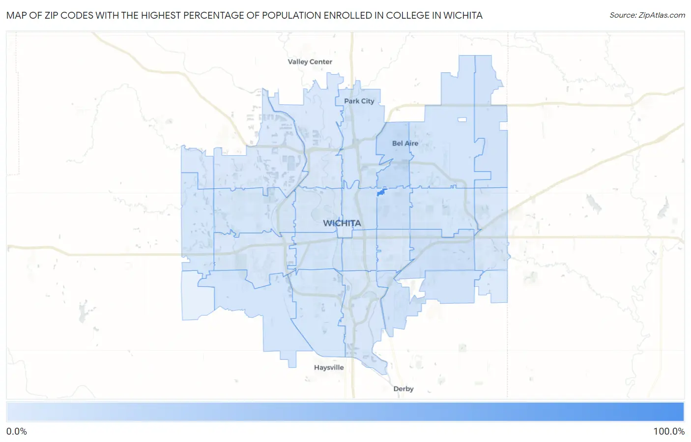 Zip Codes with the Highest Percentage of Population Enrolled in College in Wichita Map