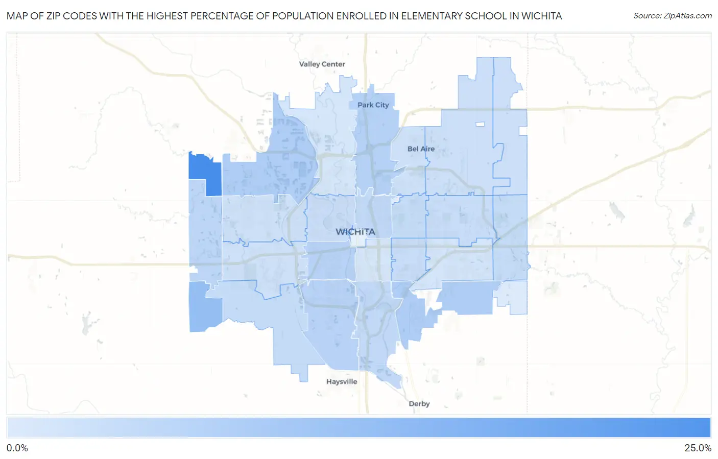 Zip Codes with the Highest Percentage of Population Enrolled in Elementary School in Wichita Map