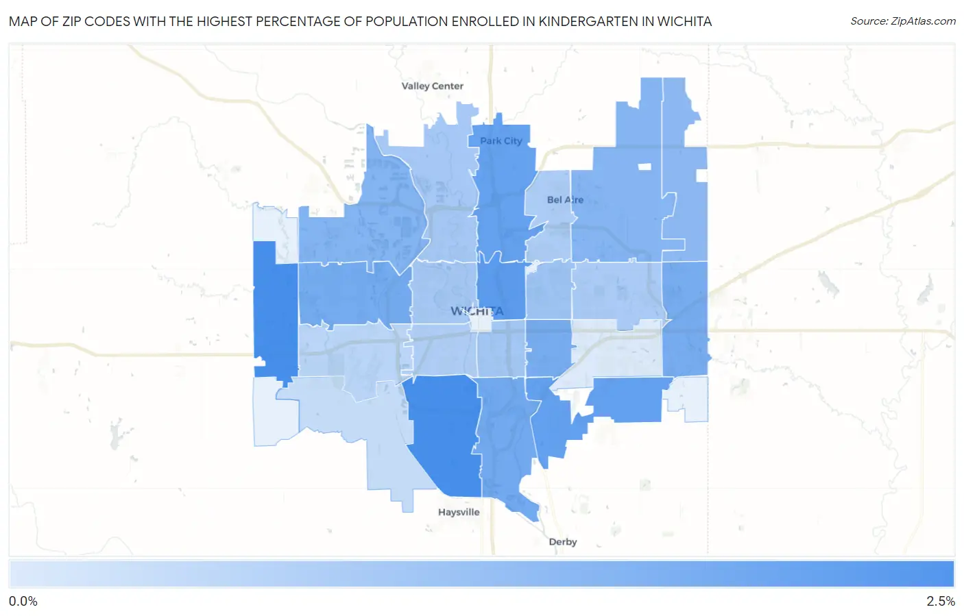 Zip Codes with the Highest Percentage of Population Enrolled in Kindergarten in Wichita Map